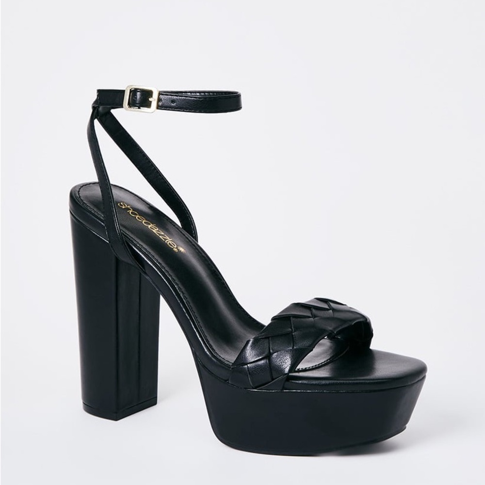 Shoe Dazzle Women’s Aviva Chunky Heeled Sandal Black Platform Shoes Size 5.5 New - Picture 1 of 11
